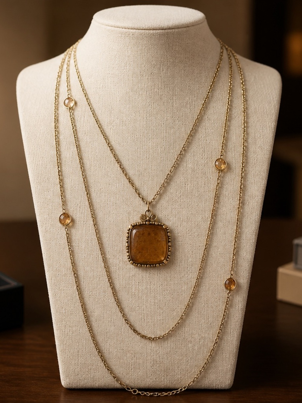 Gold-Tone Layered Necklace with Amber Pendant and Stone Accents